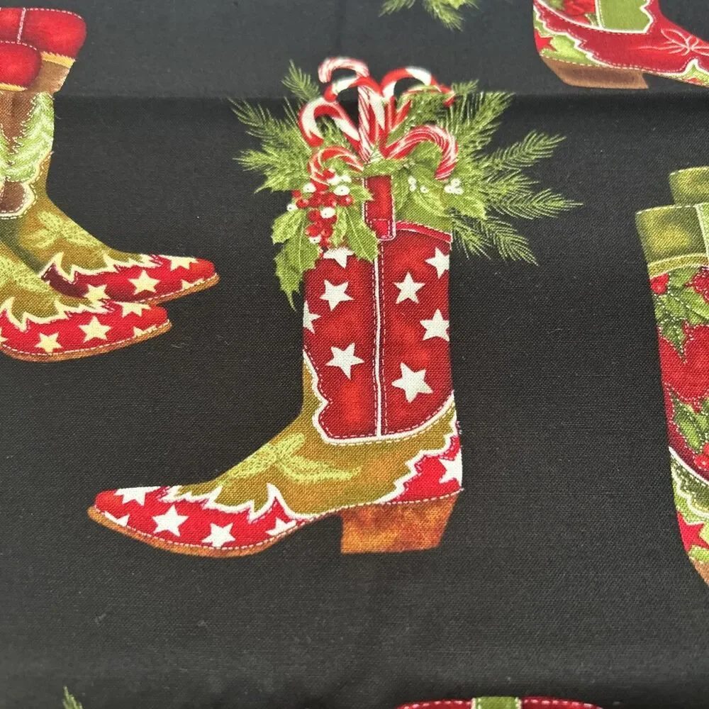 Kaufman Holly Jolly Christmas Cowboy Boot Print Cotton Quilting Fabric 2 Yd